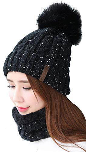 Damen Wintermütze, Weichem Innenfutter Strickmütze und Schal mit Fleecefutter,Winter Wärme Beanie Mütze Strickschal Set,Schlauchschal Hüte Mützen mit Kunstpelz Bommel Pom (Schwarz)