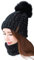 Damen Wintermütze, Weichem Innenfutter Strickmütze und Schal mit Fleecefutter,Winter Wärme Beanie Mütze Strickschal Set,Schlauchschal Hüte Mützen mit Kunstpelz Bommel Pom (Schwarz)