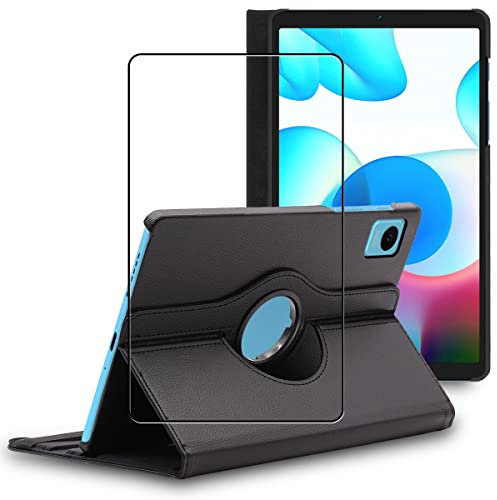 ebestStar - Hülle für Realme Pad mini 8.7 (2022), Drehbar Schutzhülle, PU-Lederhülle, Rotierende Ständer Etui, Rotating Case Cover, Schwarz + Panzer Schutz Glas