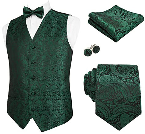 Alizeal Herren Weste Krawatte Hanky Manschettenknöpfe und Fliege Set Paisley Classic 5pc, Dunkelgrün-M