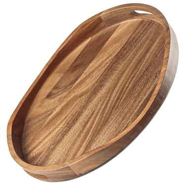 Acacia Wood Serving Tray with Handles - 17x13 Round, Decorative Ottoman Tray for Living Room, Coffee Table, Breakfast in Bed, Candle Display