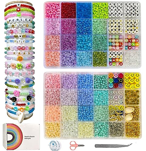 Perlen für Armbänder, 8800 Stück 4mm Perlen zum Auffädeln Armbänder Selber Machen Perlen Set mit Smiley Glasperlen,Buchstaben Perlen für Weihnachten,Feiertage, Geburtstage,Partys,Belohnungen
