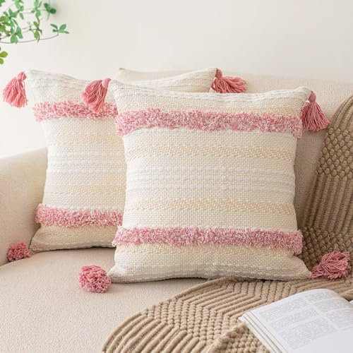 Boho-Kissenbezüge, gewebt, getuftet, Bauernhaus-Kissenbezüge mit Quasten, strukturiert, gestreift, neutrale Kissenbezüge, dekorativer Kissenbezug für Sofa, Couch, Bett, Rosa, 50,8 x 50,8 cm, 2 Stück