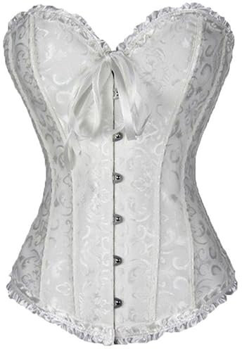 Springcmy Women Plus Size Corset Tops Boned Overbust Bustier Shapewear Lingerie Floral Lace Up Ruffle Trim Waist Push Up Bodysuit (A-White, S)