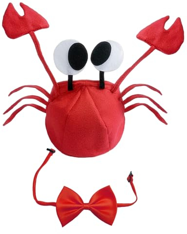 SLEEKEE 2 Stück Krabbenhut-Set Mit Fliege, Halloween-Spezialkostüm, Krabben-Kostüm-Kopfbedeckung, Verstellbarer Krabbenhut, Weihnachtsparty-Dekoration Für Erwachsene Jungen Und Mädchen (Rot)