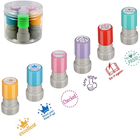 Hmseng 6Stück Stempel Lehrer Selbstfärbender,Motivationsstempel Lehrerstempel, Lehrerstempel Englisch für Kinder, Bildung, Lehrer, Überprüfung-Design2