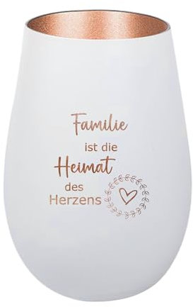 Der-Porzellan-Laden Windlicht mit Gravur Familie ist die Heimat des Herzens, Weiß Bronze, Teelichthalter aus Glas mit Spruch, Tischdeko modern