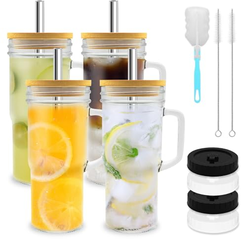 Mamiddle Vasos con tapa y Pajita, 24oz Mason Jar Vasos de Vidrio Reutilizables Vaso para Beber Boba Tea Smoothie Vasos (4)