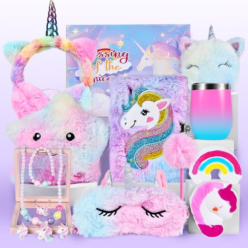 Herenear Einhorn Kuscheltier Tagebuch mit Schloss, Einhorn Geschenke für Mädchen, 12er Set Einhorn Plüsch Spielzeug Mädchen, Kuscheltier Leuchtende Geburtstag Geschenk