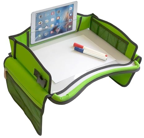 Kinder-Reisetisch & Knietablett fürs Auto – Spieltisch/Kindertisch für Rückbank, Flugzeug, Zug, Esstisch – abwischbare Fläche, Tablet-Halter, Stifthalter und viele Taschen, grün – von KD Essentials