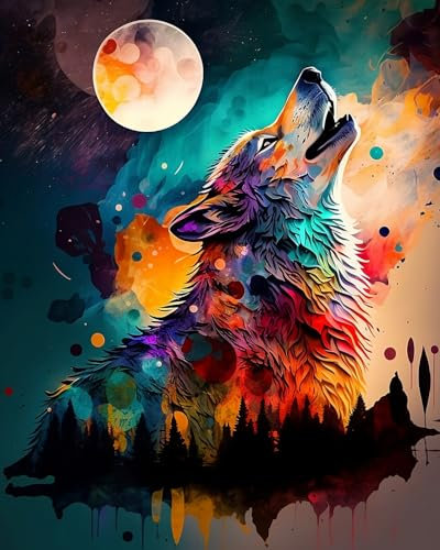TISHIRON Kit de peinture par numéros pour adultes débutants - Le loup hurlé à la lune - Kit de peinture par numéros pour décoration murale d'intérieur - 40,6 x 50,8 cm (sans cadre)