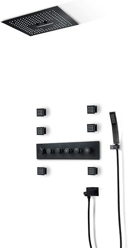DSeenLeap Ducha Termostática Clásica De Latón LED con Rociador De 6 Cuerpos, Baño Montado En El Techo 400 * 400 Mm Juego De Grifos De Ducha Tipo Lluvia De 6 Funciones, Negro,Phonecontrol