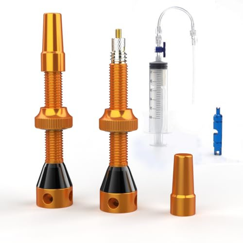 Shredr. Tubeless Ventile Set, orange | Komplettes Set inkl. Tubeless Spritze | Superleicht Alu, Gold eloxiert, französisches Ventil Presta, 44mm für MTB-Felgen
