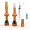 Shredr. Tubeless Ventile Set, orange | Komplettes Set inkl. Tubeless Spritze | Superleicht Alu, Gold eloxiert, französisches Ventil Presta, 44mm für MTB-Felgen