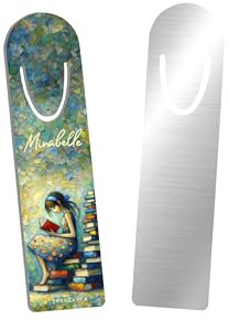 Marque-page personnalisé Atomania – Peinture impressionniste femme assise sur une pile de livres, aluminium léger et durable, fait main en France, cadeau élégant et unique