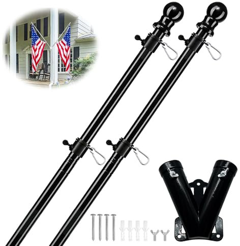 6FT Flag Pole Kit for Outside House with Holder Bracket, Double Holes Flag Holder with 2 Poles, Upgrade Stainless Steel Tangle Free Flagpole, Heavy Duty House Flag Pole Kit for Most Flag (Black)