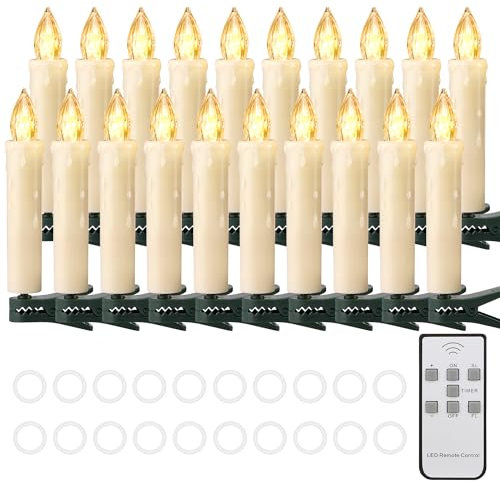 Cibnew Weihnachtskerzen Christbaumkerzen Kabellose Weihnachten LED Kerzen mit Fernbedienung,Timer-Funktion für Weihnachtsbaum Hochzeit, Geburtstags, Party (20er Beige)