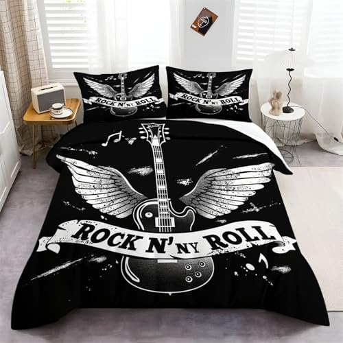 Bettwäsche Musik Rock Und Briefe Muster Bettbezug, 135 x 200 cm Microfaser Bettbezug Sets für Kinder Jungen Mädchen Erwachsene, Schwarz Bettwäsche Set mit 2 Kissenbezug