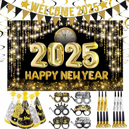 Silvester Deko 2025 Party Dekoration Set, XXL Happy New Year Deko, Partyhüte Partybrille Partytröten, Welcome 2025 Girlande, Neujahr Dekoration Set