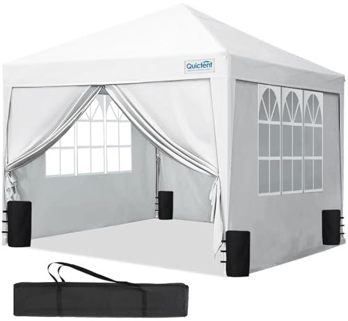 Quictent Pavillon 3x3 Faltpavillon mit 4 Seitenteilen, Wasserdicht Gartenpavillon mit 4 Sandsäcken,Partyzelt Gartenzelt für Fest und Flohmarkt Weiß