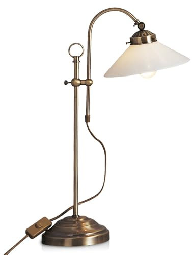 bmf-versand® Stilvolle Schreibtischlampe Retro im Landhausstil - Antik Tischlampe Höhe 55 cm Altmessing - Nachttischlampe Lampenschirm aus opalem Glas Vintage messing
