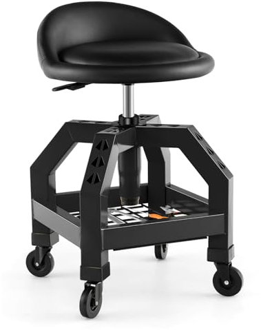 COSTWAY Werkstatthocker Höhenverstellbar, Werkstatt Rollhocker 150 kg Tragkraft mit Werkzeugablage, Werkstattstuhl Rollsitz für Fabrik, Garage, Werkstatt (Schwarz)