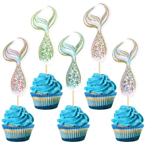 Blumomon 25 Stück Glitzer Meerjungfrau Cupcake Topper Meerestiere Cupcake Topper Unter dem Meer Party Supplies Dekoration Ozean Party Dekoration Supplies