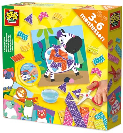 SES Creative 14061 Montessori Cutting Shapes - Creative Play Kit for Kids Aged 3+ - Safe Materials - Craft with 6 Cut-Out Cards, 2 Scissor Skill Cards and Finger Glue