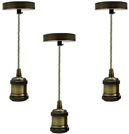LEDSone 3 Pack Metal E27 Pendant Light Fitting with Twisted Cable E27 Vintage Antique Brass Pendant Light for lamp Holder Fitting for Restaurant