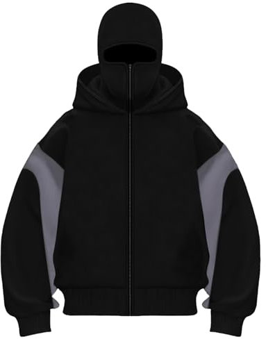 PADOLA Balaclava Zip Hoodie Herren Ninja Kapuzenpullover mit Sturmhaube Oversized Mask Jacke mit Doppel Kapuze Y2K Hoodie mit Fleece Winddichte Übergangsjacke Motor Fahrrad (M, 2 Schwarz)