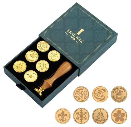 Wachssiegel Stempel Set, 7 Stück Siegel Stempelkopf Kupfer mit 1 Holzgriff, Kupfer Wachs Siegelstempel Kit Siegelwachs Set für Briefe, Antikes Manuskript, Grußkarten, Hochzeit Einladung