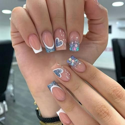 24pc Medium Square Glitter False Nails with French White Tips for Women - Removable Glue-on Press on Nails with Blue Heart Design - Full Cover Fake Nails - Nail Art Accessories