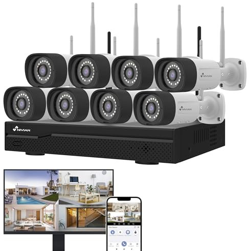NIVIAN Kit Camaras de Vigilancia Profesional WiFi SuperHD con 8 Cámaras IP y Grabador 16CH - para Casas y Negocios - Visión Nocturna, Detección Humana IA, Audio Bidireccional, Fácil Instalación