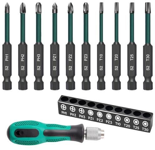 XIATIAN Magnetic Screwdriver Bits Set, 11 Pcs S2 Steel Phillips Pozidriv and Torx Bit Set for Impact Drill 70mm PH1 PH2 PH3 PZ1 PZ2 PZ3 T10 T20 T35 T30