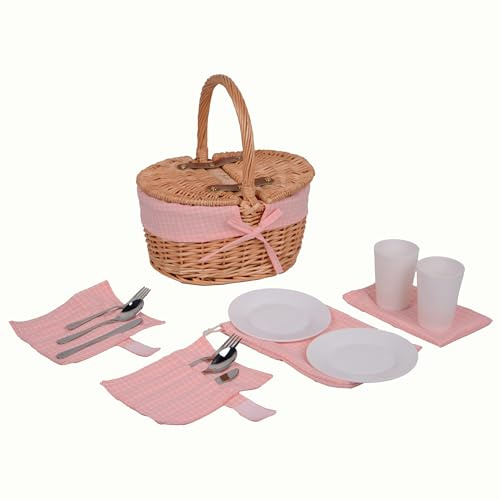 UNUS Picknickkorb für Kinder oval aus Weide, Komplettset für 2 Personen | mit Besteck, Tellern und Bechern, Stoffauskleidung, Tragbarer Weidenkorb für Picknick und Ausflüge