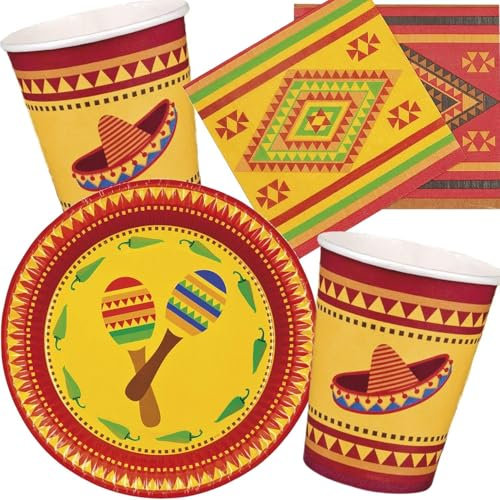 67-tlg. Party-Set * MEXIKO * mit Teller + Becher + Servietten + Deko | Mexico Länderparty Party Geburtstag Mottoparty Luftballons Fiesta Siesta