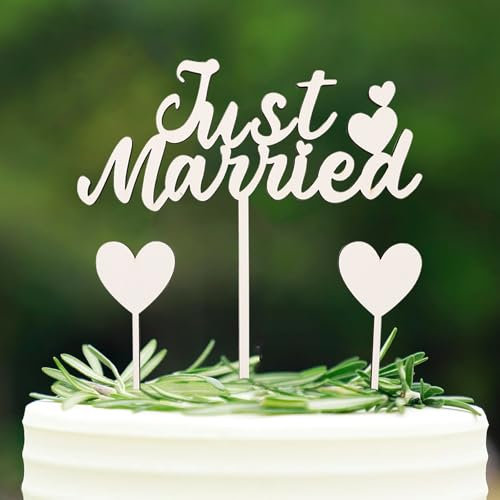 Gleevio Just Married Tortendeko Hochzeit Weiß, Holz Cake Topper Hochzeitstorte Deko, Just Married Deko Kuchen, 3 Stück Tortenstecker Hochzeitsfeier, Hochzeitstorte Topper, Kuchen Topper für Hochzeiten