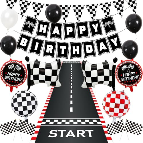 Race Car Birthday Decorations Banner - Boys Car Party Decoration Set with Foil Balloons, Black White Pennants Checkered Flags Track Banners for Racing Theme Birthday Party Supplies