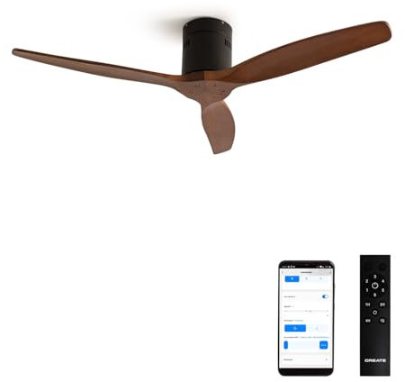 CREATE / WINDCALM NATURAL WOOD M/Ventilador de techo negro aspas madera oscura con Wifi y mando / 40W, Temporizador, Ø132 cm, 6 velocidades, silencioso, función verano-invierno
