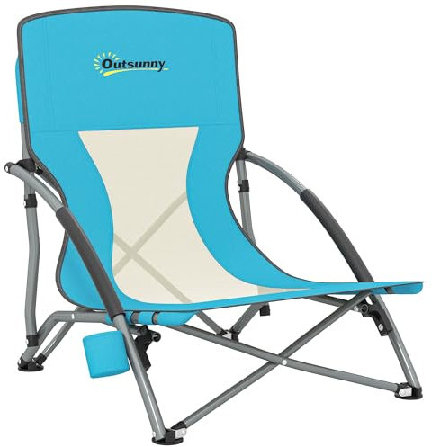 Outsunny Chaise de Plage Pliable, Chaise Camping Pliante légère 2,2 kg, avec Dossier en Maille, Sac de Transport et Porte-gobelet pour Jardin, Pique-Nique, Festival, Voyage, Bleu