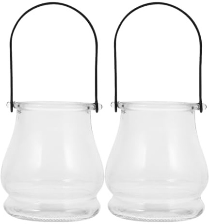 2 Stück Hängender Glas Teelichthalter mit Griff, Klarglas | Edelstahlaufhänger, Vintage Optik, für Wohnräume und Tischmitte, Befüllbar