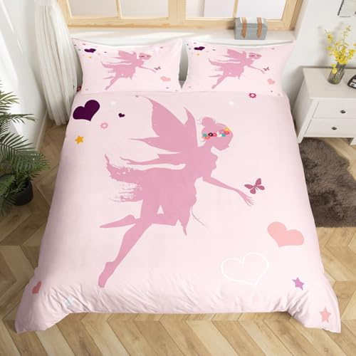 Homewish Feen Bettwäsche Schmetterlings Fee Bettbezug 135x200 für Kinder Kleinkinder Mädchen,Ästhetisches Blumen Herzen Muster Bettwäscheset Süße Prinzessinnen Schlafzimmerdekor Bettgarnituren