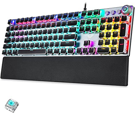 TZMRIT x Aula F2088 Mechanische Gaming-Tastatur, Clicky Blaue Schalter, Regenbogen LED Hintergrundbeleuchtung, Lautstärkesteuerungen, abnehmbare Handgelenkruhe, Punk Cool Square Keys
