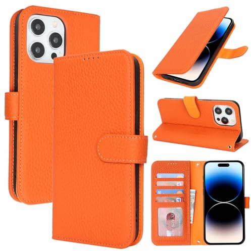 Zouzt Leather Wallet Case for iPhone 14 Pro Max (6.7), 4 Card Slot, Orange | Genuine Leather, Card Holder, Shockproof TPU Shell, Magnetic Closure, Protective Flip Folio Phone Cover, For Women Men