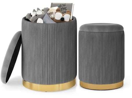 COSTWAY Set of 2 Velvet Round Footstools, Nesting Storage Ottoman Pouffe Footrest with Gold Stainless Steel Hoop, Modern Padded Dressing Vanity Stool Chair Makeup Seat for Living Room Bedroom (Grey)