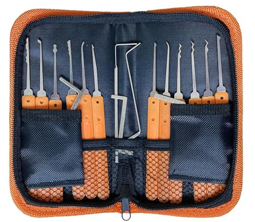 YQLEISHI Dietrich-Set, 17-teiliges Lock-Pick-Set mit Handbuch und Reißverschluss-Etui für Schlosspicken, Extraktor-Werkzeug für Anfänger und Schlosser-Ausbildung (ohne Vorhängeschloss, Orange)