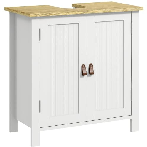 kleankin Under Sink Bathroom Cabinet Freestanding Adjustable Shelf White | Modern Under Sink Cabinet, 2 Doors, PU Pulls, for Basin without Pedestal