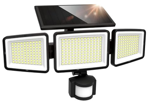 UME Solar-Außenleuchten, 302 LEDs, 3000 lm, wasserdicht, Bewegungsmelder, Außenleuchten, 3 Köpfe, 270 Grad breiter Beleuchtungswinkel mit 3 Modi, für Garten