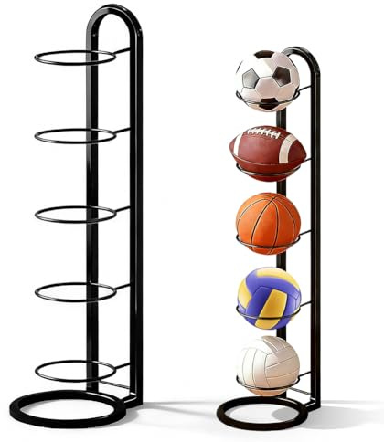 Occzin Supporto per palla a 5 livelli e supporto per palloni da calcio, basket, pallavolo, verticale, in metallo, rimovibile, colore: nero