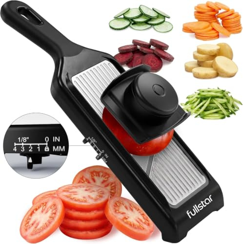 Fullstar Handheld - Mandolina per Verdure e Affettatrice Julienne 2-in-1 | 4 Spessori Regolabili - Facile e Sicura con Lame in Acciaio Inox e Salvadita - Affetta Verdure Manuale (Inox Nero)